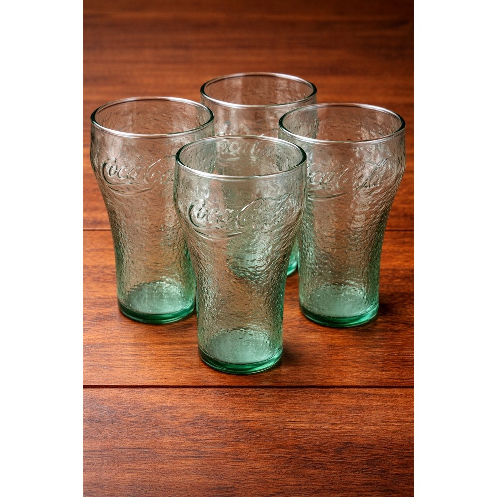 Vintage Coca-Cola Textured Glasses Set of 4 Green Tint Embossed‎ Logo